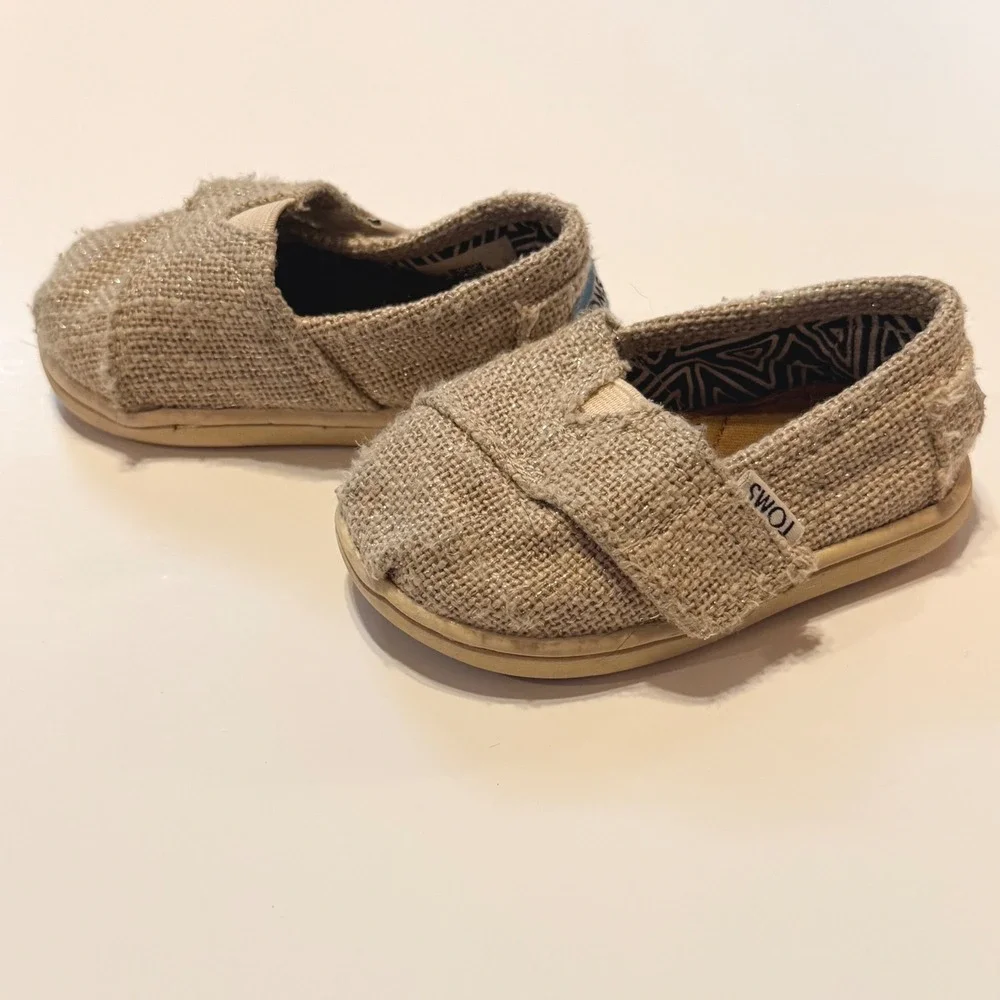 TOMS Tiny Classic Alpargata Burlap Metallic Shimmer Slip On Shoes 4